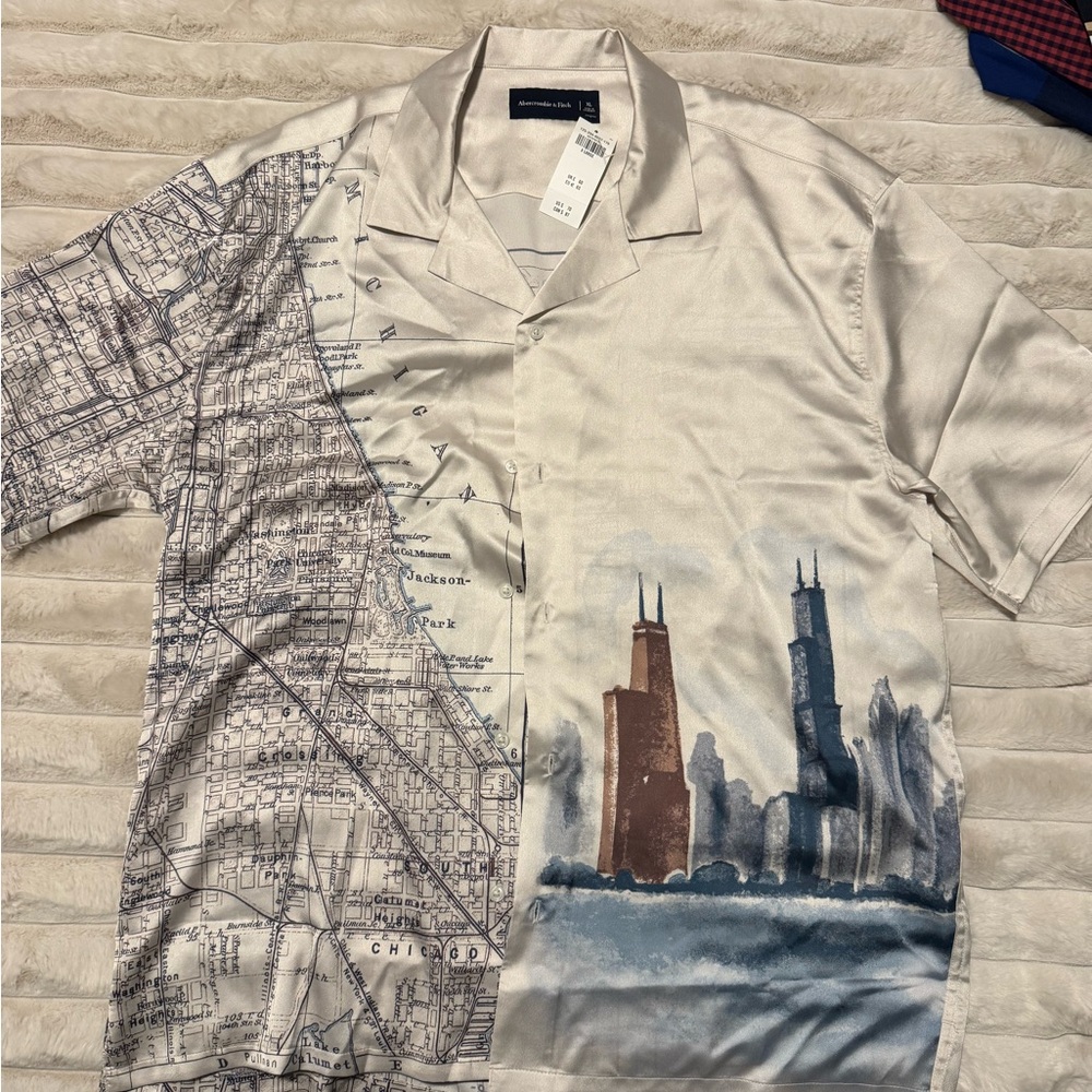 Men's Beige Graphic Chicago Satin Shirt Abercrombie & Fitch